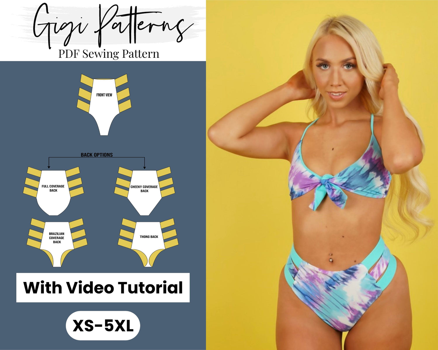 Reversible 3 Side Straps High Waist Bikini Bottom XS-5XL, Swimsuit Pat –  GigiPatterns