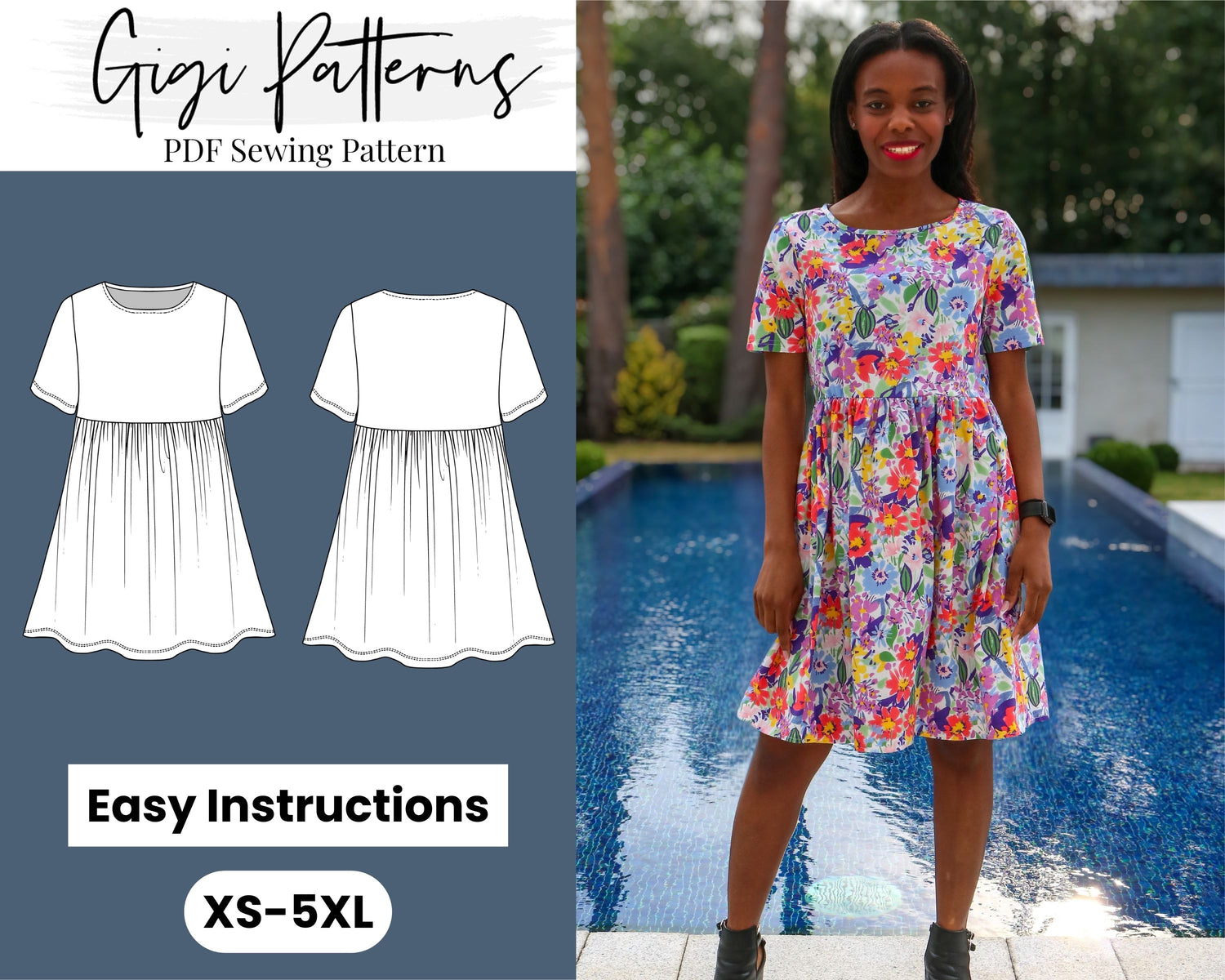 Womens Short Sleeve Gathered Smock Dress Sewing Pattern XS-5XL –  GigiPatterns