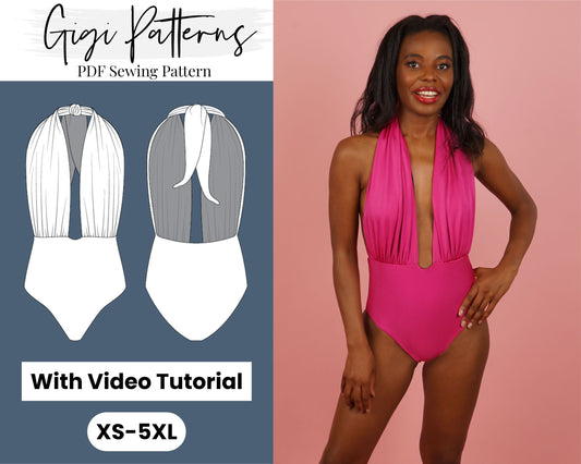 PDF Swimsuit Pattern Bethenny Ruched Halter Neck One-Piece