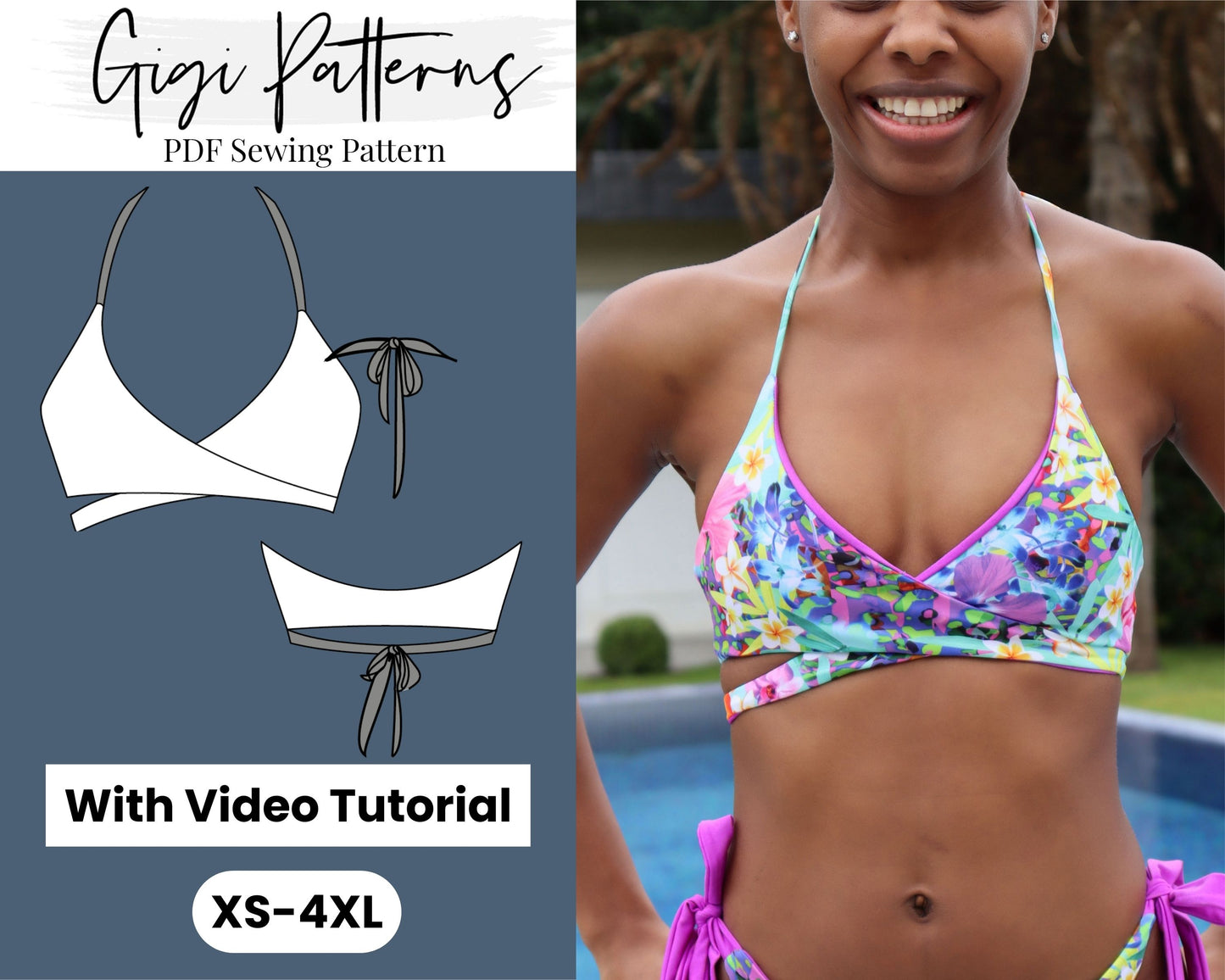 PDF Swimsuit Pattern Eliza Cross Over Front Wrap Bikini Top