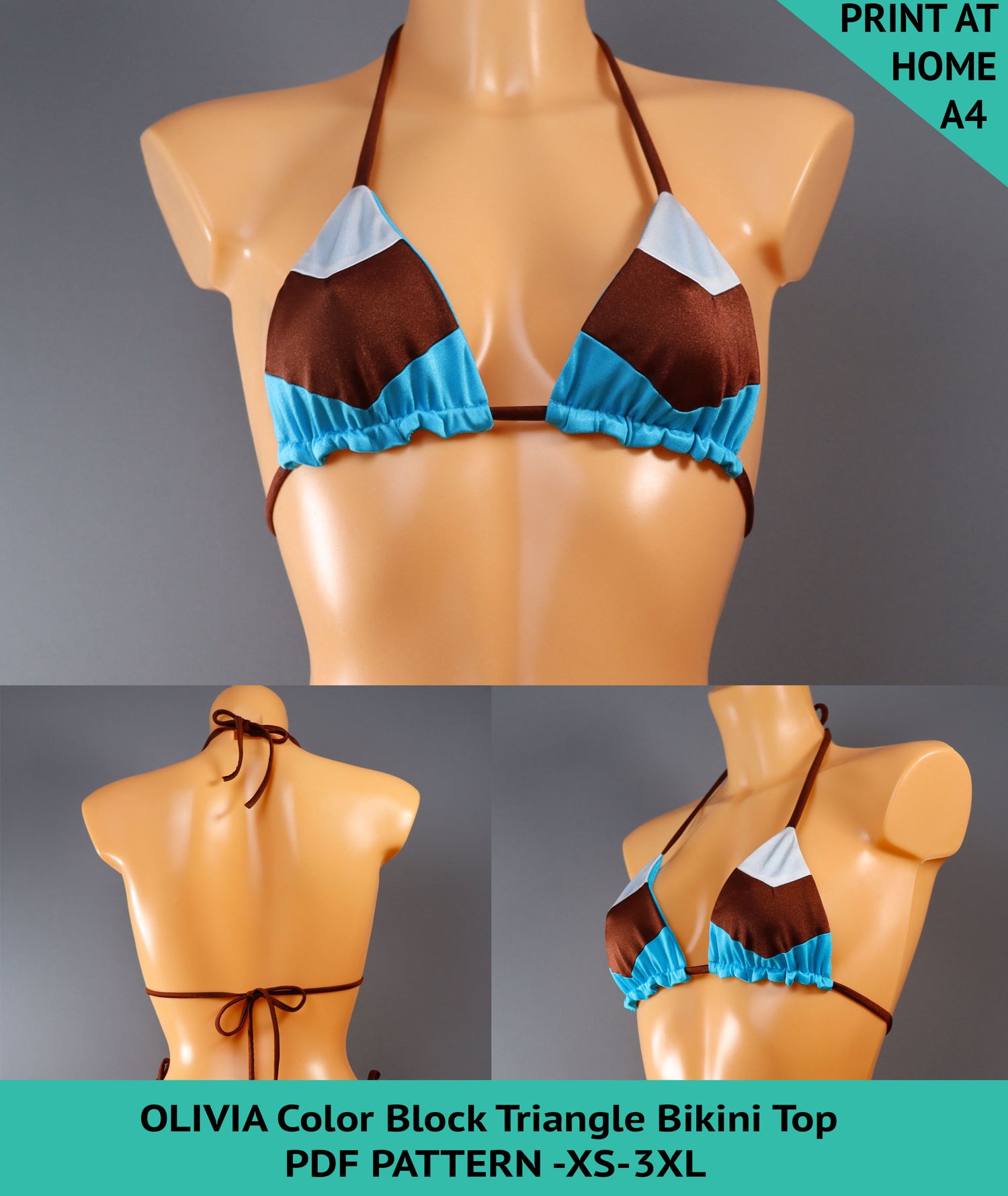 OLIVIA Color Block Triangle Bikini Top Swimsuit Pattern - SWIMWEAR