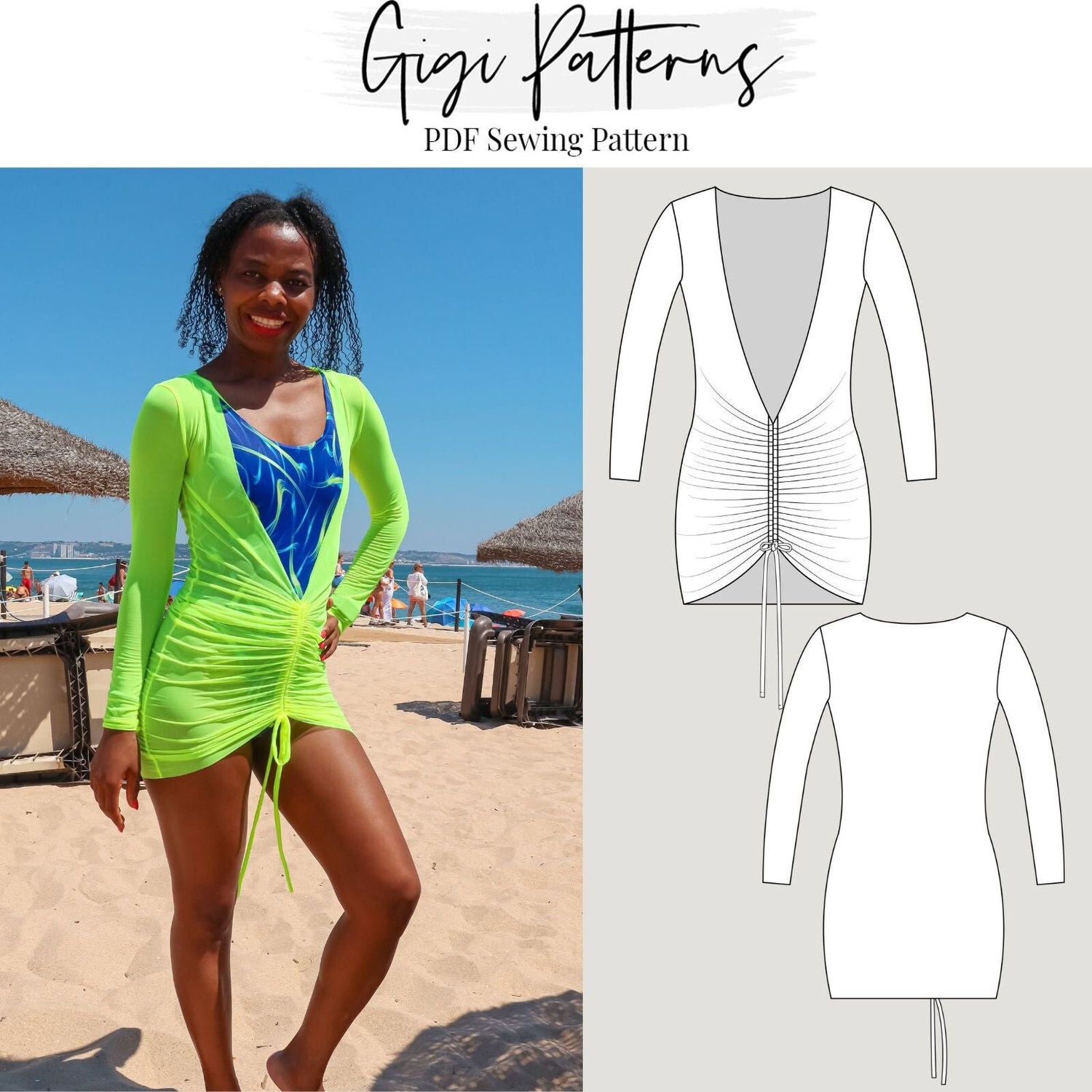 PDF Swimsuit Pattern Long Sleeves Beach Cover Up XS-5XL