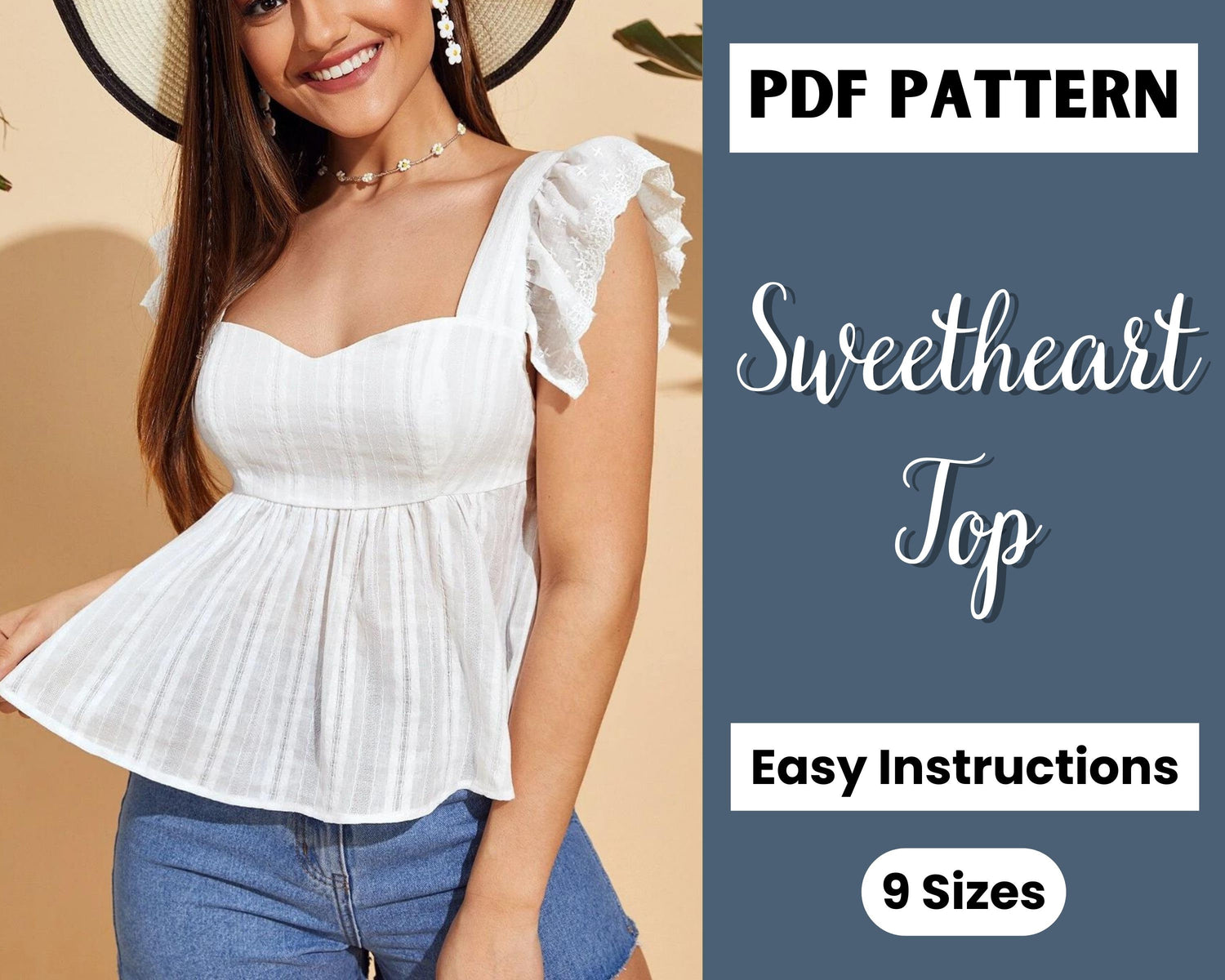Gathered Smock Top Sewing Pattern | Trendy Sewing Pattern Top | Summer Tops Sewing Pattern | Sweetheart Top Sewing Pattern | Ruffle Sleeve
