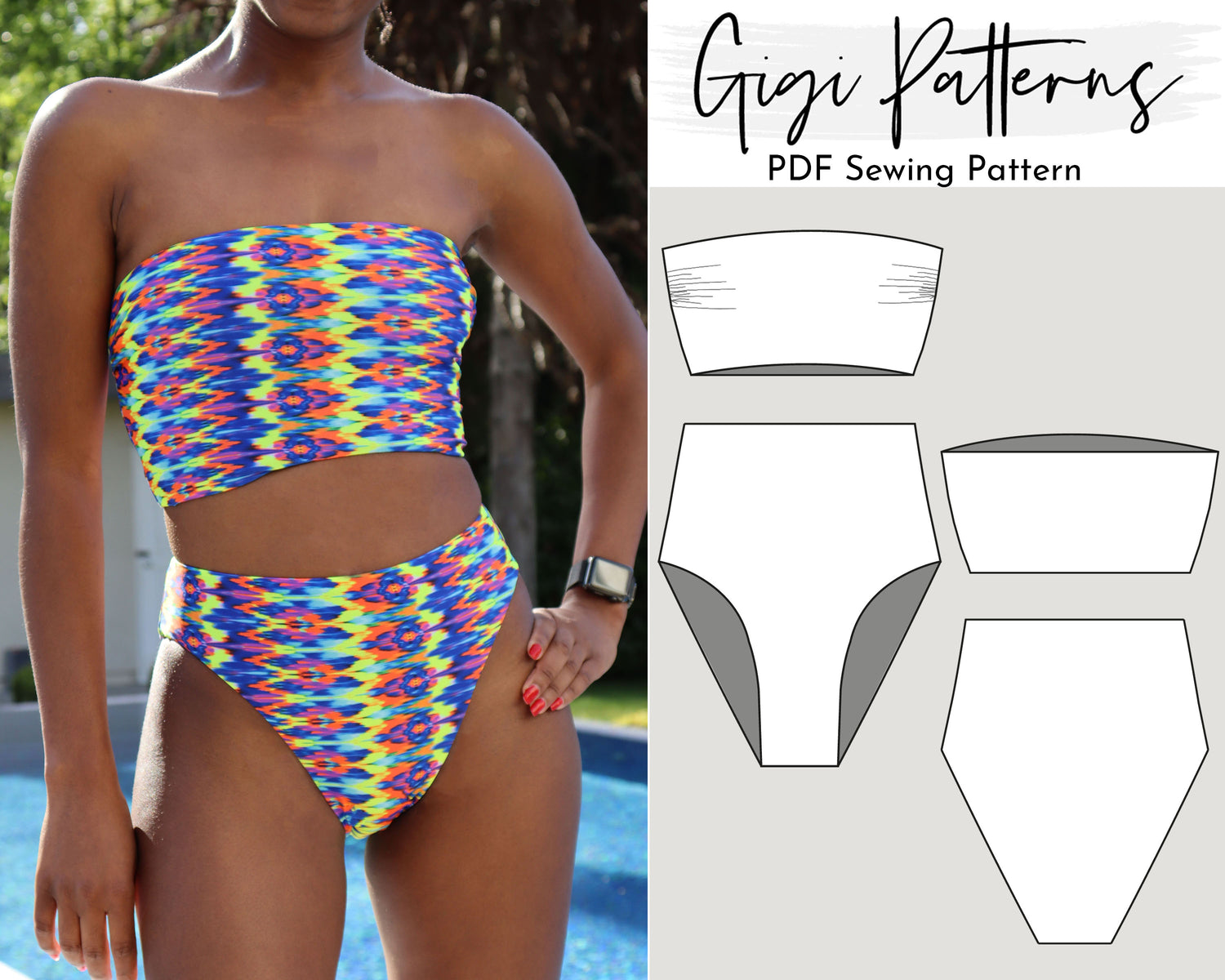 Conjunto de bikini de cintura alta bandeau con patrón de traje de baño PDF