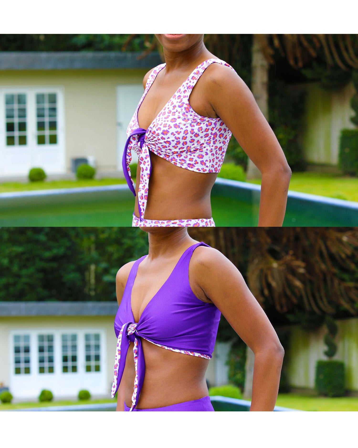 GigiPatterns Lily tie front bow bikini top swimsuit PDF sewing pattern, reversible, seamless and available in size XS- 5XL plus size.