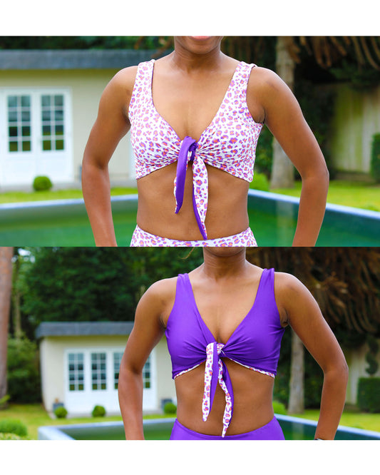 GigiPatterns Lily tie front bow bikini top swimsuit PDF sewing pattern, reversible, seamless and available in size XS- 5XL plus size.